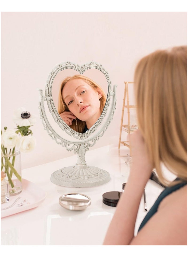 Mirror Heart Shape Two Sided Tabletop Makeup Mirror White Color - Image 2
